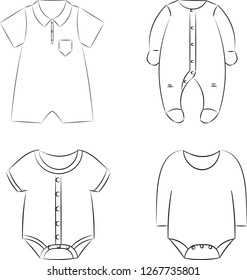 
Vector illustration of baby clothes collection. Overalls, baby romper, bodysuit for newborns. Black and white. Isolated on white background