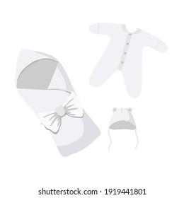 
vector illustration of baby clothes and envelope blanket with bow. Mock up template for pattern or print overlay. White bodysuit, hat and envelope for cold and warm weather