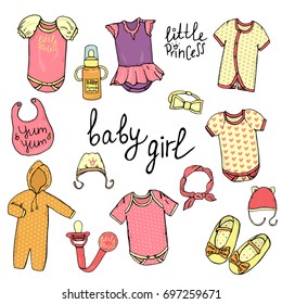 Vector illustration of baby clothes. Baby girl clothes set. Children fashion set. Stylish clothes and accessories for children isolated on white background