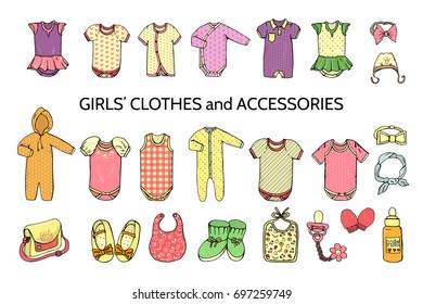 Vector illustration of baby clothes. Baby girl clothes set. Children fashion set. Stylish clothes and accessories for children isolated on white background