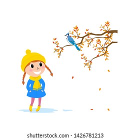 Vector illustration baby in coat and hat walking in autumn forest, little girl see bird on branch, cartoon design.