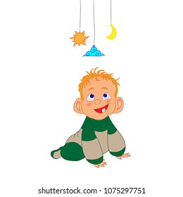 Vector illustration of a baby crawling and playing with toys
