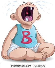 A Vector illustration of a baby crying with the letter B on his shirt.