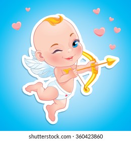 Vector illustration with Baby Cupid shooting a bow