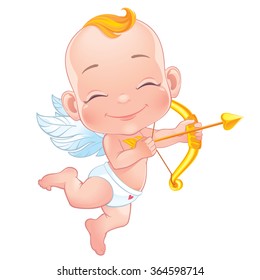 Vector illustration - Baby Cupid shooting a bow. Isolated on white background