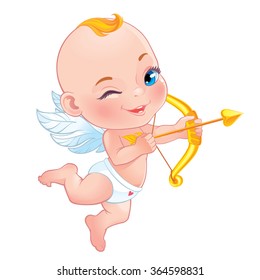 Vector illustration - Baby Cupid shooting a bow. Isolated on white background