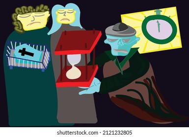 Vector Illustration Of Baby Death. The Hourglass-carrying Death Goes For The Baby. Father With Mother Standing Over Crib With Casket Inside. Above Death Is A Stopwatch As A Symbol Of Timed Time.