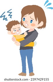 Vector illustration of a baby (developmental disability) and mother who does not want to be swaddled.