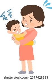 Vector illustration of a baby (developmental disability) and mother who does not want to be swaddled.