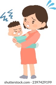 Vector illustration of a baby (developmental disability) and mother who does not want to be swaddled.