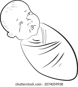 vector illustration of a baby in a diaper. black and white picture of a sleeping baby.