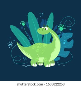 Vector illustration of baby Diplodocus  in the tropical plants