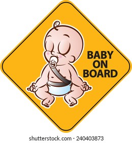 Vector Illustration Of Baby Doing Yoga On Board Yellow Diamond Warning Sign For Vehicle Safety