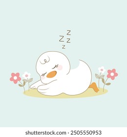 vector , illustration  of a baby duck sleeping  on  grass with flowers around