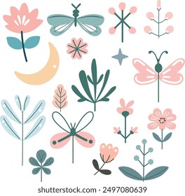 Vector illustration of baby elements with butterflies, plants, stars and moon in pastel colors