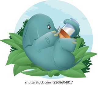 vector illustration of a baby elephant drinking milk