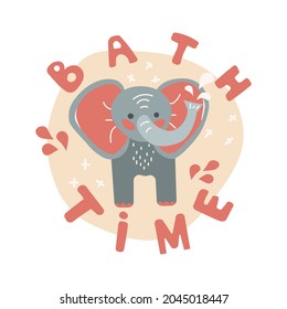Vector illustration of baby elephant with lettering, isolated on white background. Cute funny african animal for children, can used like a sticker, t-shirt print, poster