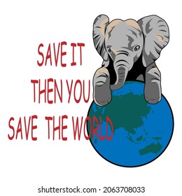 Ilustración vectorial del elefante bebé salvando el mundo, gran para el afiche de la campaña de rescate de elefantes