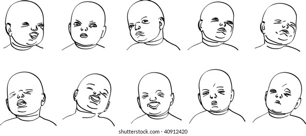 vector illustration of baby faces in various moods and poses