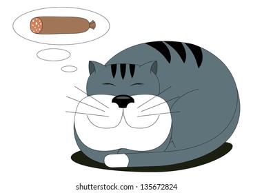 vector illustration of a baby, a fat cat dreaming about sausage