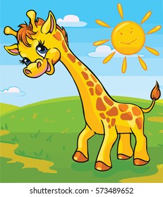 vector illustration of a baby giraffe on a green lawn