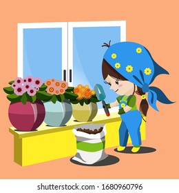 Vector illustration, baby girl in blue jumpsuit, planting flowers in a flower pot, gardening, window with flowers
