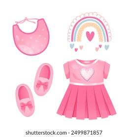 Vector illustration of baby girl elements includes cute dress, baby bib, shoes with bows, colorful rainbow.