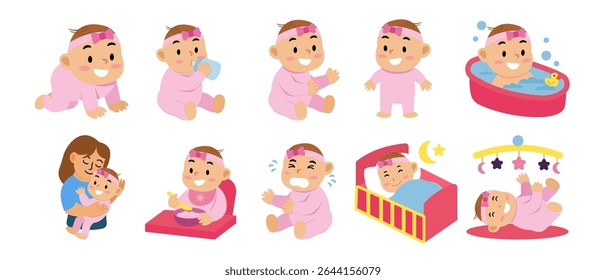 Vector illustration of baby girl engaging in daily activities, featuring cute and playful moments such as crawling, laughing, eating, and playing, in a cartoon style.