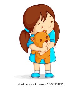 vector illustration of baby girl hugging teddy bear