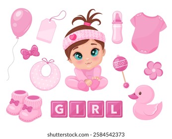 vector illustration of a baby girl in a pink onesie with various baby items. Ideal for creating baby-themed designs, greeting cards, and social media graphics.