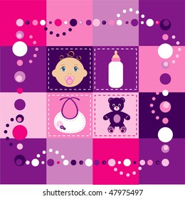 Vector Illustration of baby girl quilt 2. Patchwork or sewing, background.