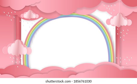 Vector illustration for baby girl shower card with rainbow, raining and clouds hanging on pink background, Cute paper cut with copy space for baby's photos, Greeting card for new born