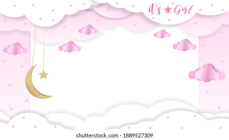 Vector illustration for baby girl shower card on blue background,Paper art abstract origami cloudscape, crescent moon and stars on girl sky,Cute paper cut with copy space for baby's photos