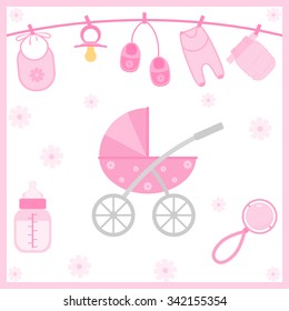 Vector illustration of baby girl shower items