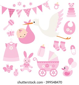 Vector illustration for baby girl shower and baby items.