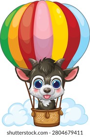 Vector illustration of a baby goat riding a rainbow hot air balloon through clouds.