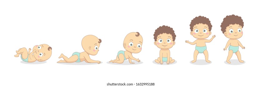 Vector illustration Baby growth process. Baby Development Stages Milestones First One Year . Child milestones of first year. Cute boy of 0-12 months. Vector color illustration