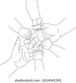 Vector illustration of baby hands reaching adult hands, top view minimal outline showing care and unity