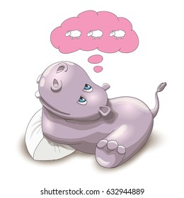 Vector illustration of a baby hippo counting sheep, on a white background