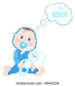Vector illustration of baby holding bunny and thinking about car