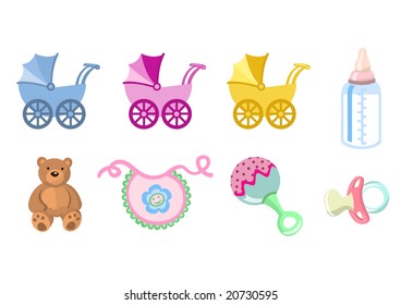 Vector illustration of baby icons. Includes carriage, bottle, teddy bear, bib, pacifier and rattle.