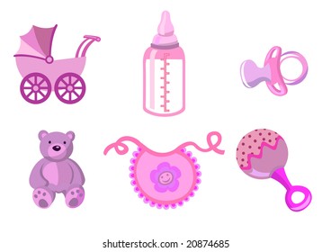 Vector illustration of baby icons. Includes carriage, bottle, teddy bear, bib, pacifier and rattle.