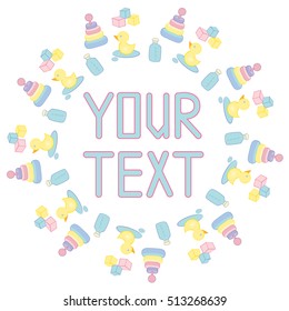 Vector illustration of baby items. Round frame.