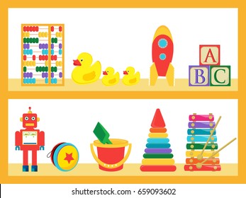 Vector illustration baby kids toys on wood shop shelves. Different children toys set, collection