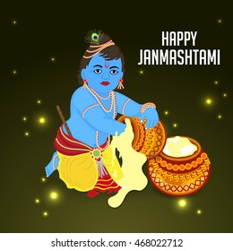Vector illustration of a Baby Krishna with Dahi Handi for Happy Krishna Janmashtami.