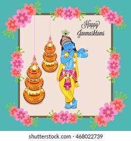 Vector illustration of a Baby Krishna with Hanging Dahi Handi for Happy Krishna Janmashtami.