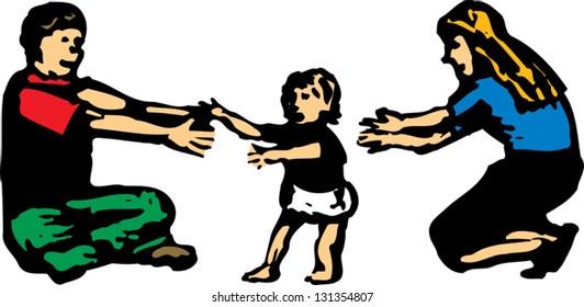 Vector illustration of baby learning to walk