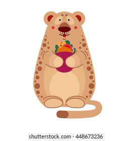 Vector illustration with baby leopard holding yummy sandwich in cartoon style. Food concept on white background.