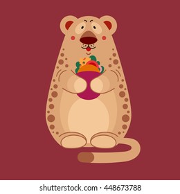 Vector illustration with baby leopard holding yummy sandwich in cartoon style. Food concept on red background.