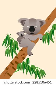 Ilustración vectorial con bebé y madre koala, Cartoon graphic, Koala lleva una rama de madera con hojas verdes